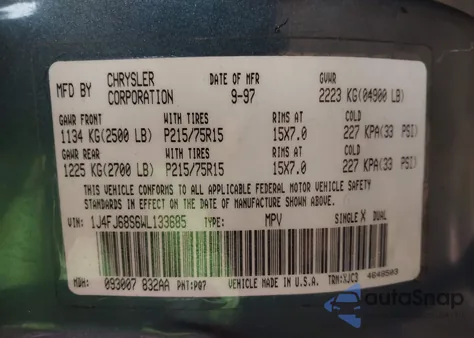 1998 Jeep Cherokee Classic/Limited/Sport z USA, uszkodzony, nr VIN 1J4FJ68S6WL133685